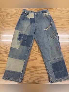Vintage TRUST Asymmetrical Patchwork Distressed Embroidered Jeans 34 Baggy 90s